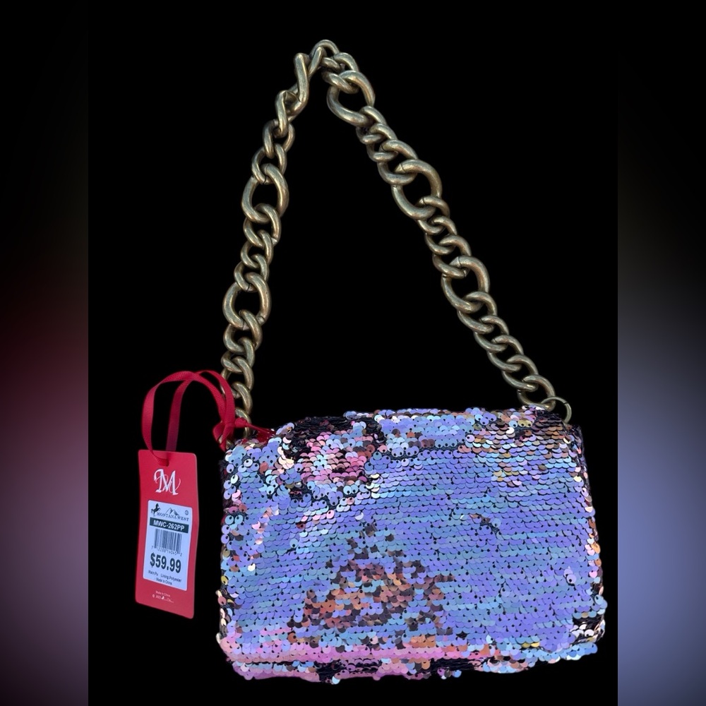 Montana West PINK Sequin Purse w Gold Chunky Chain